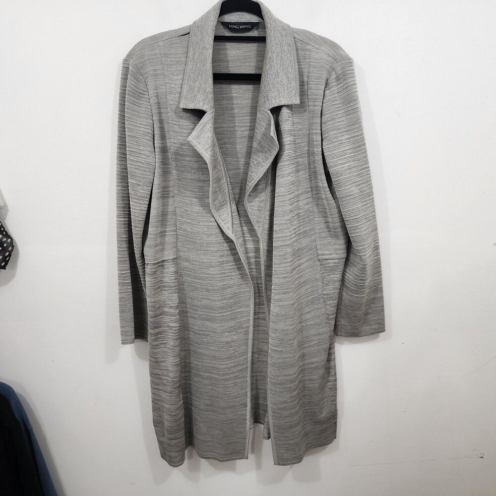 Ming Wang Cardigan Gray Space Dye Open Front Ribbed Knit Long Sleeves M/L *FLAW*
